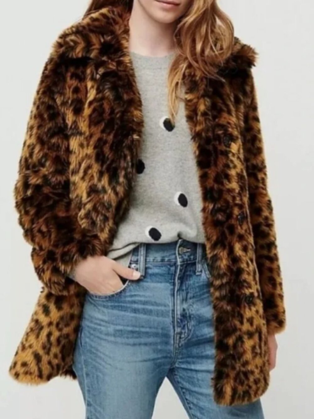 J Crew Faux-Fur Leopard Print Coat - Womens Small